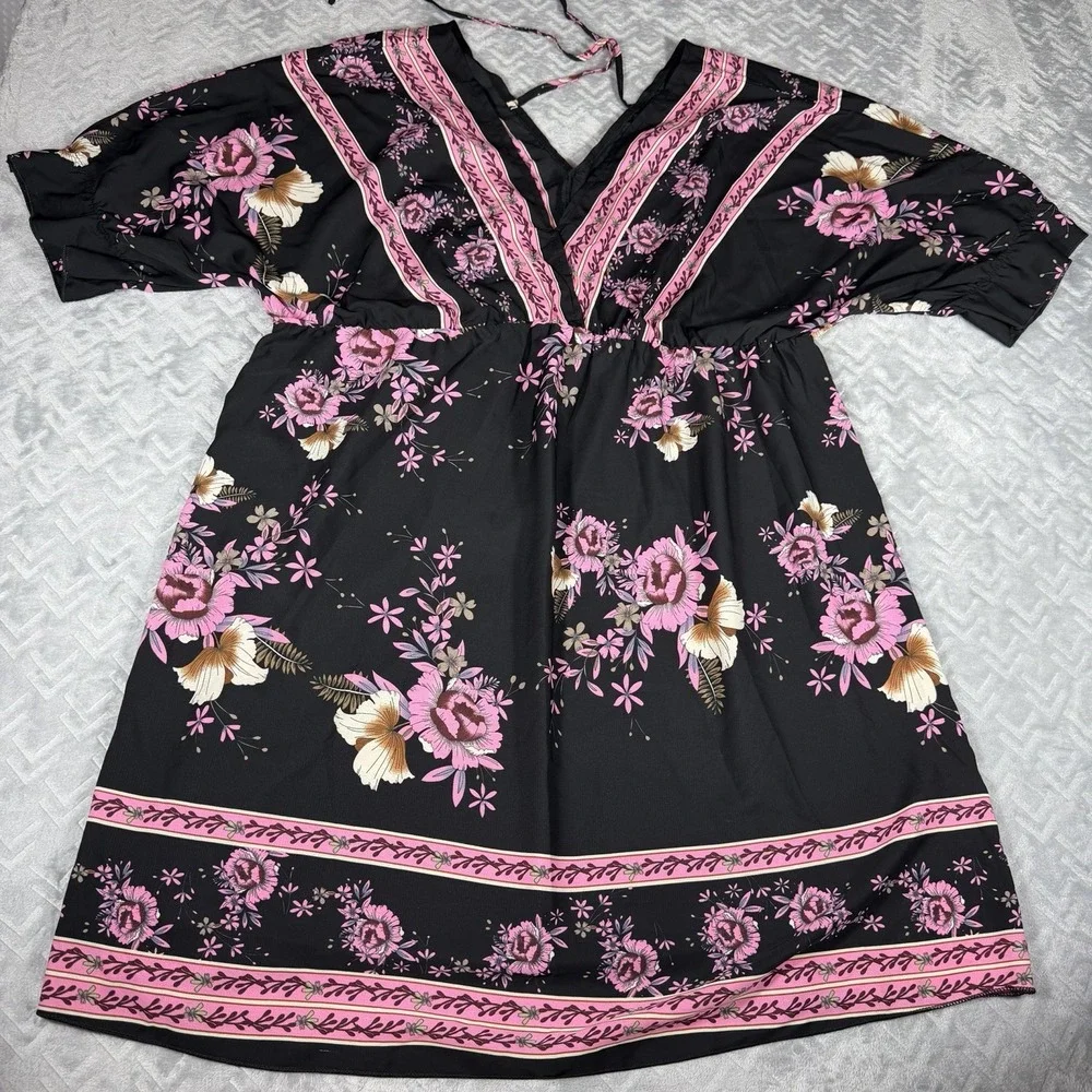 SHEIN Curve Dress Women 4XL Black Pink Floral Boho V Neck Short Sleeve